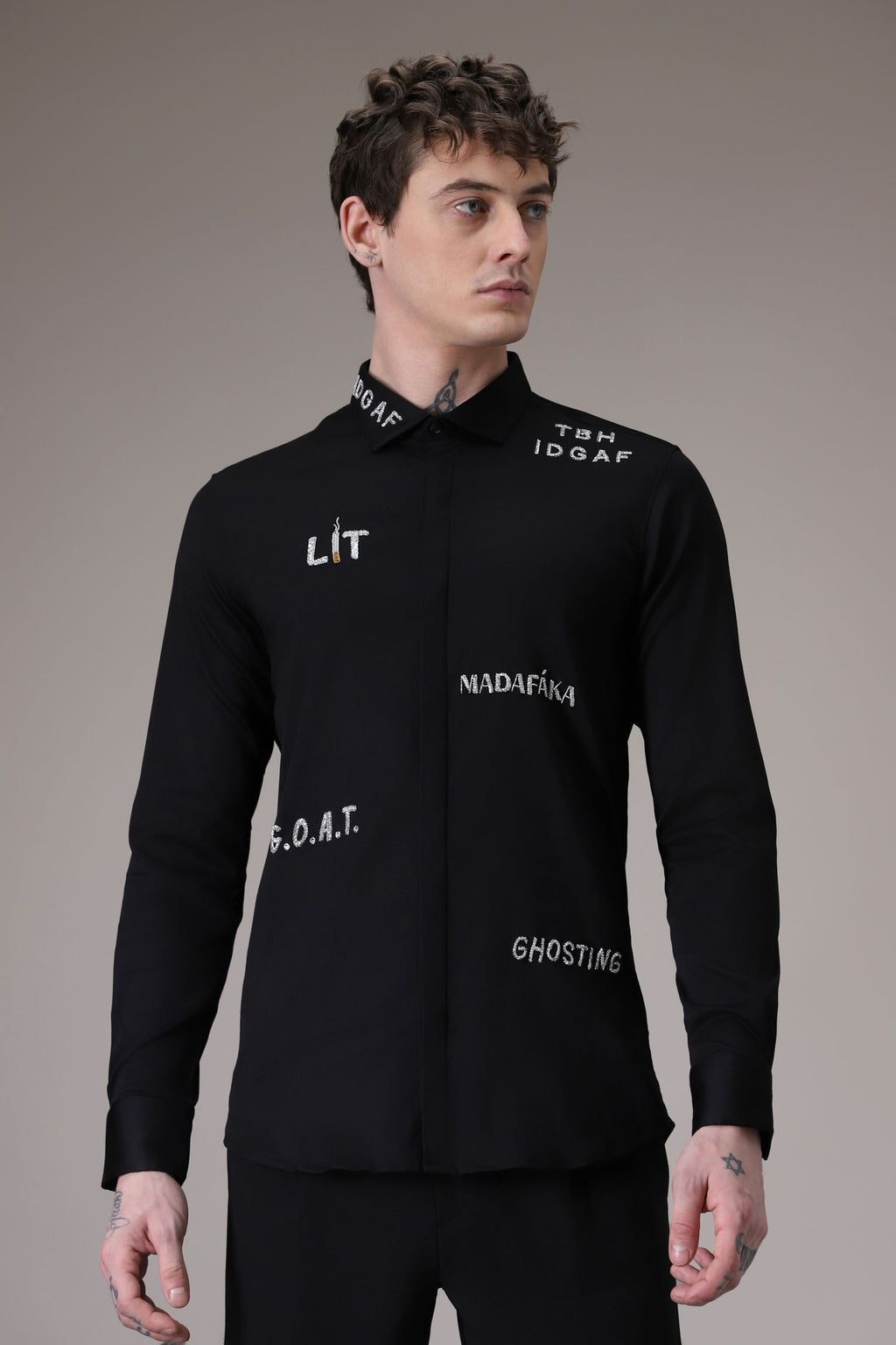 Idgaf hand embroidered designer shirt - Black