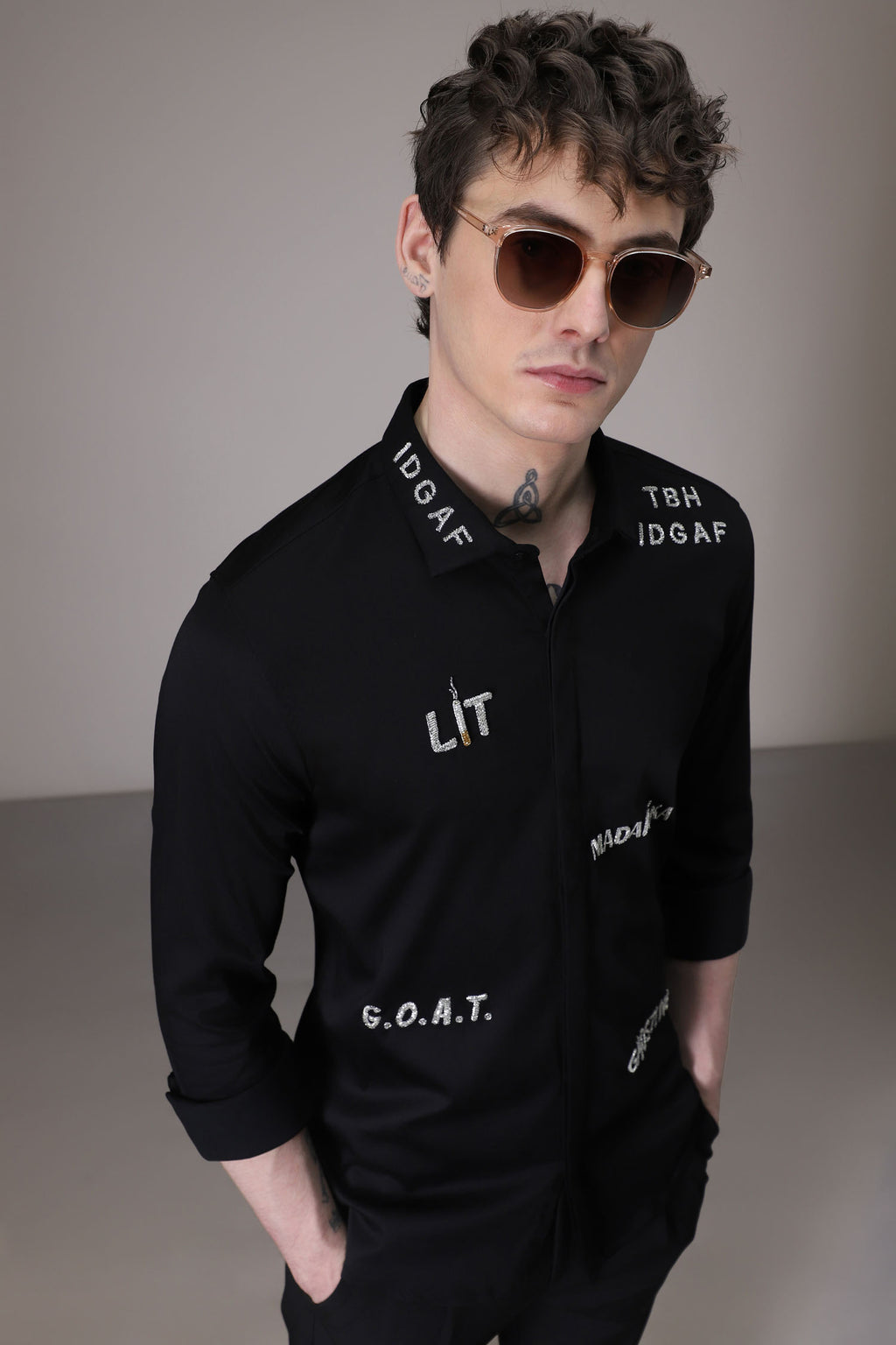Idgaf hand embroidered designer shirt - Black
