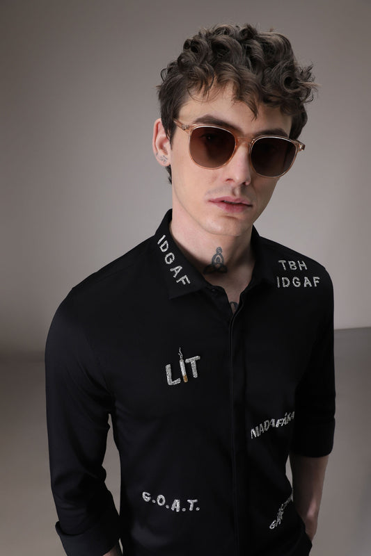 Idgaf hand embroidered designer shirt -Black