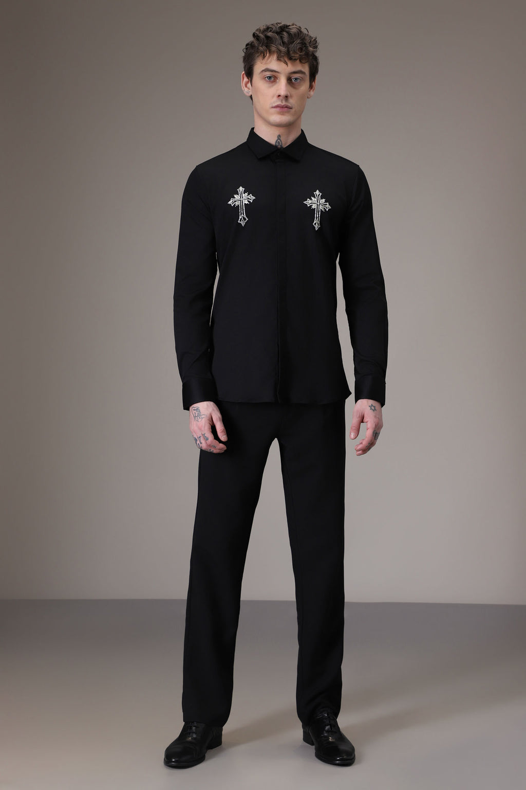 Cross hand embroidered designer shirt -Black