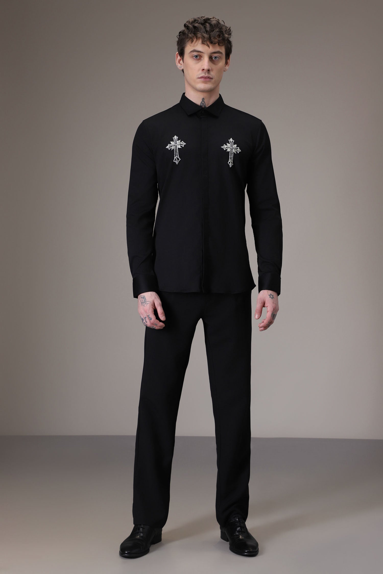 Cross hand embroidered designer shirt -Black