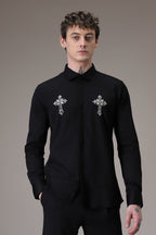 Cross hand embroidered designer shirt -Black