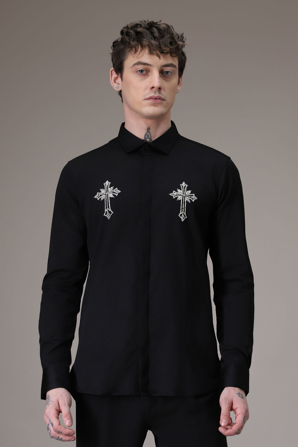 Cross hand embroidered designer shirt -Black