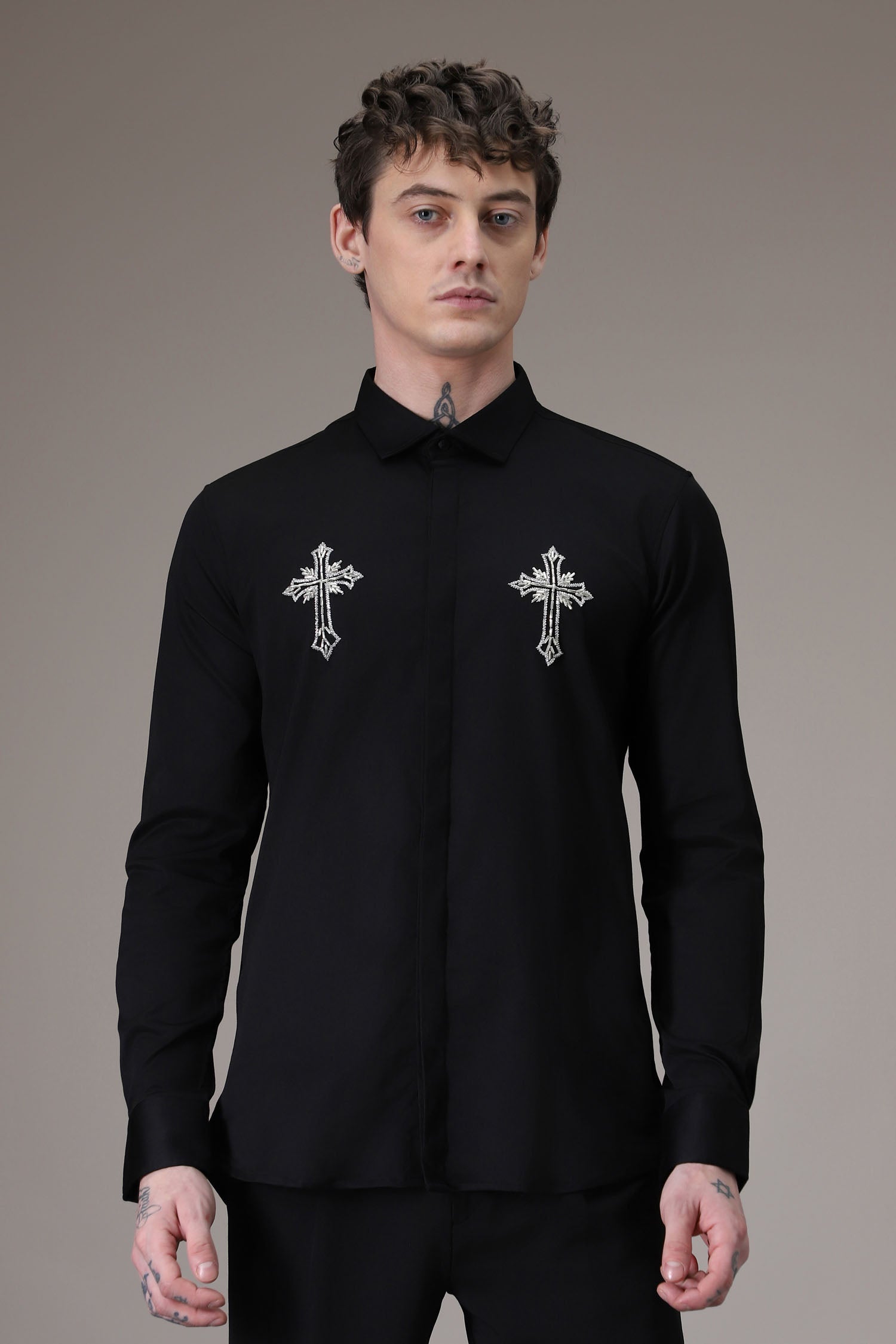 Cross hand embroidered designer shirt -Black