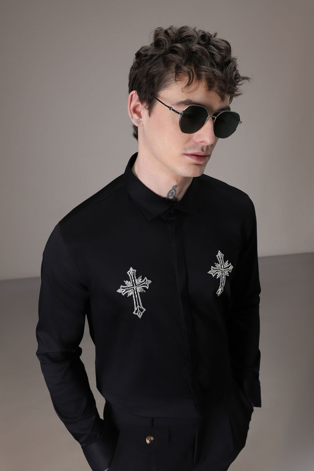 Cross hand embroidered designer shirt -Black