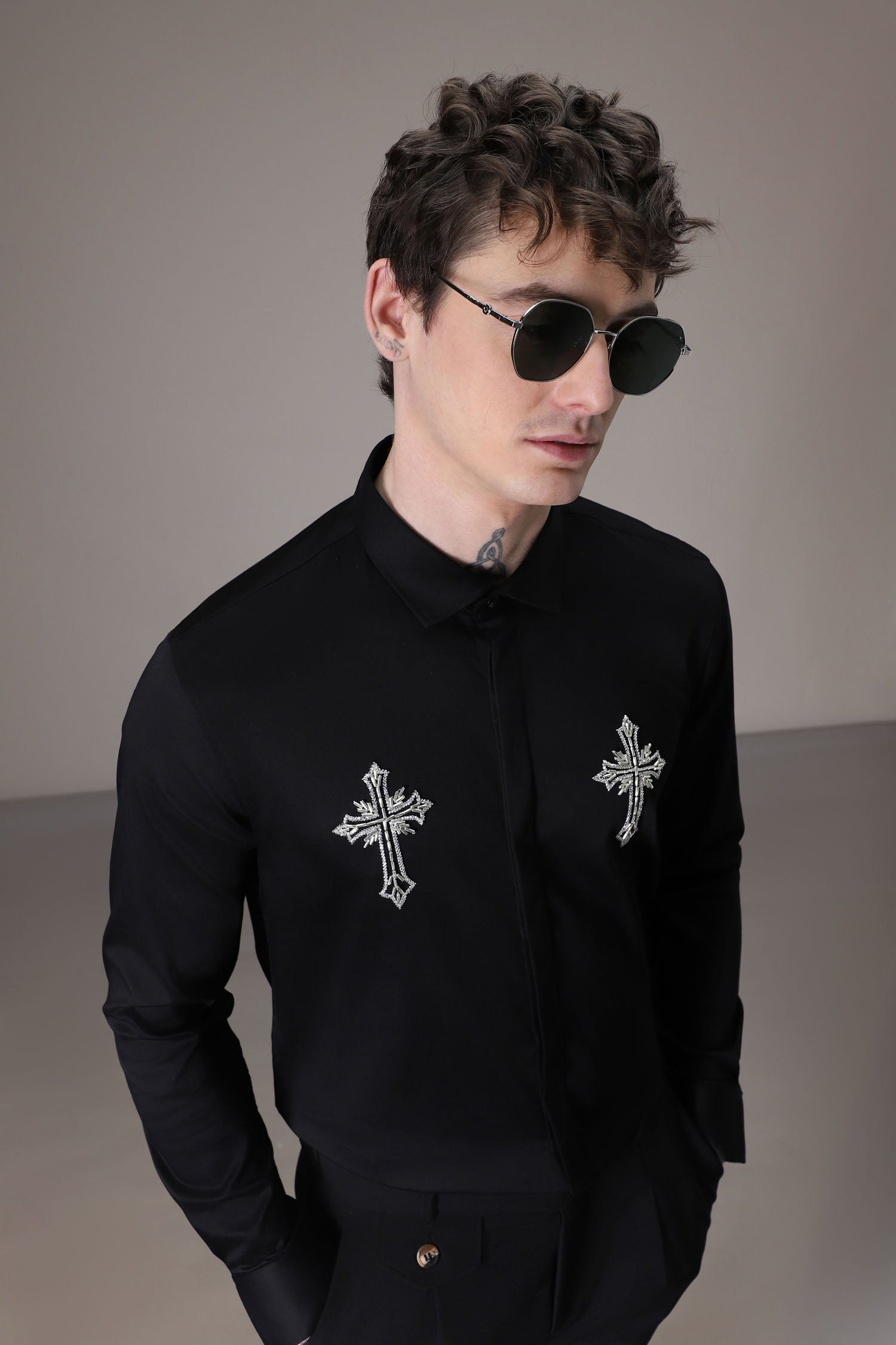 Cross hand embroidered designer shirt -Black