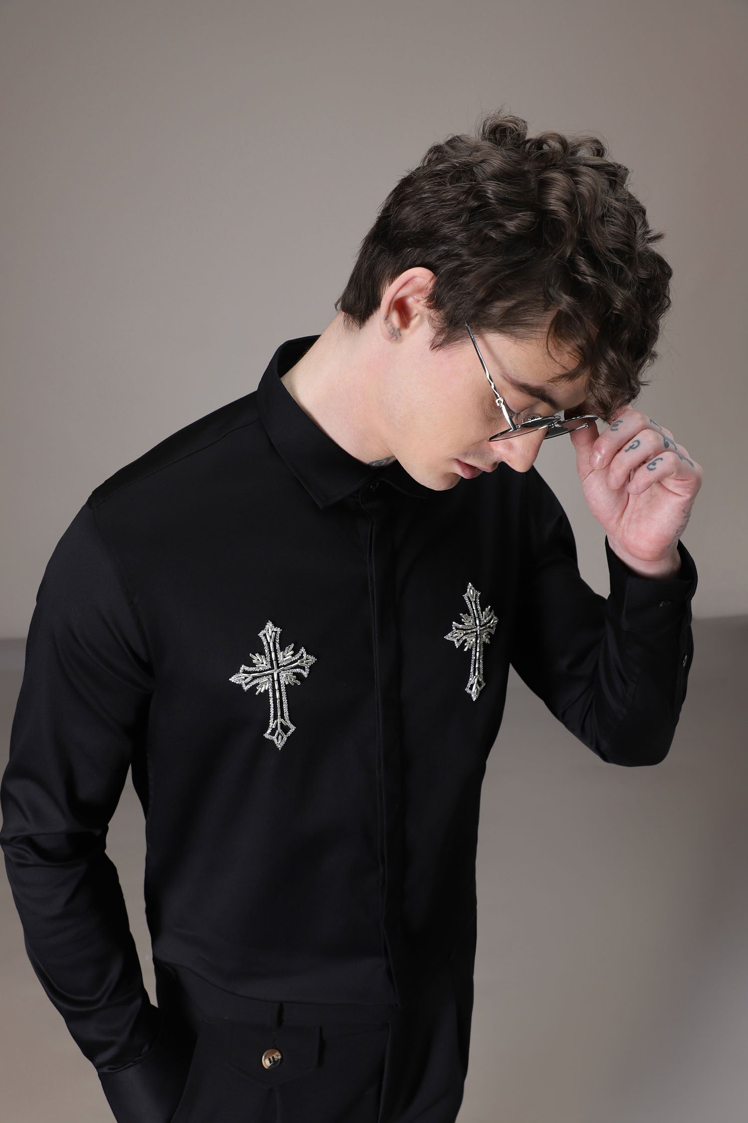 Cross hand embroidered designer shirt -Black