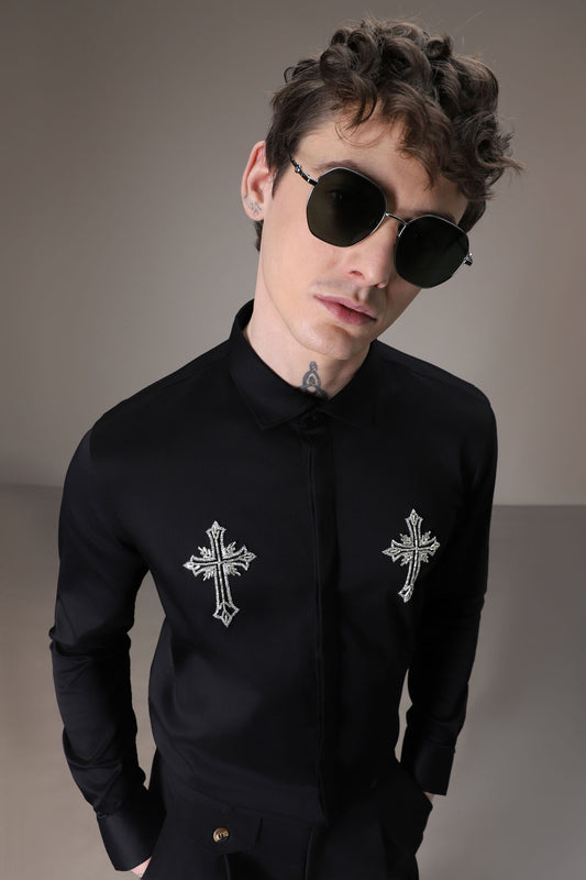 Cross hand embroidered designer shirt -Black