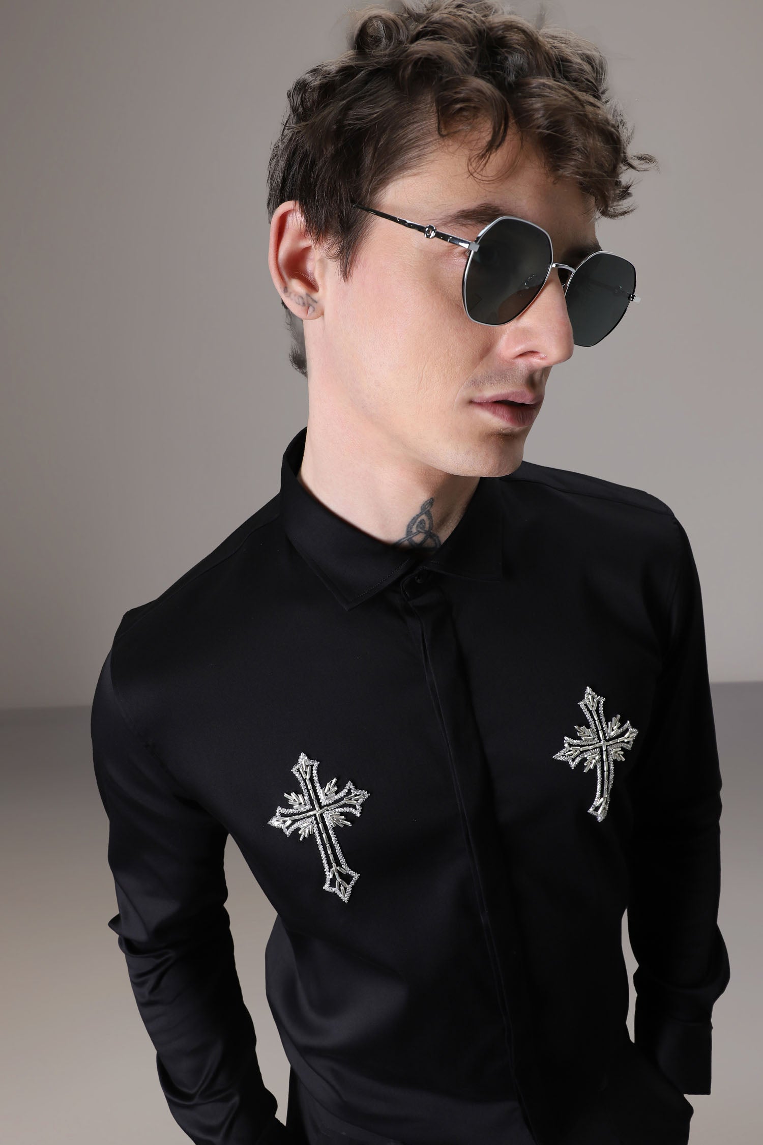 Cross hand embroidered designer shirt -Black
