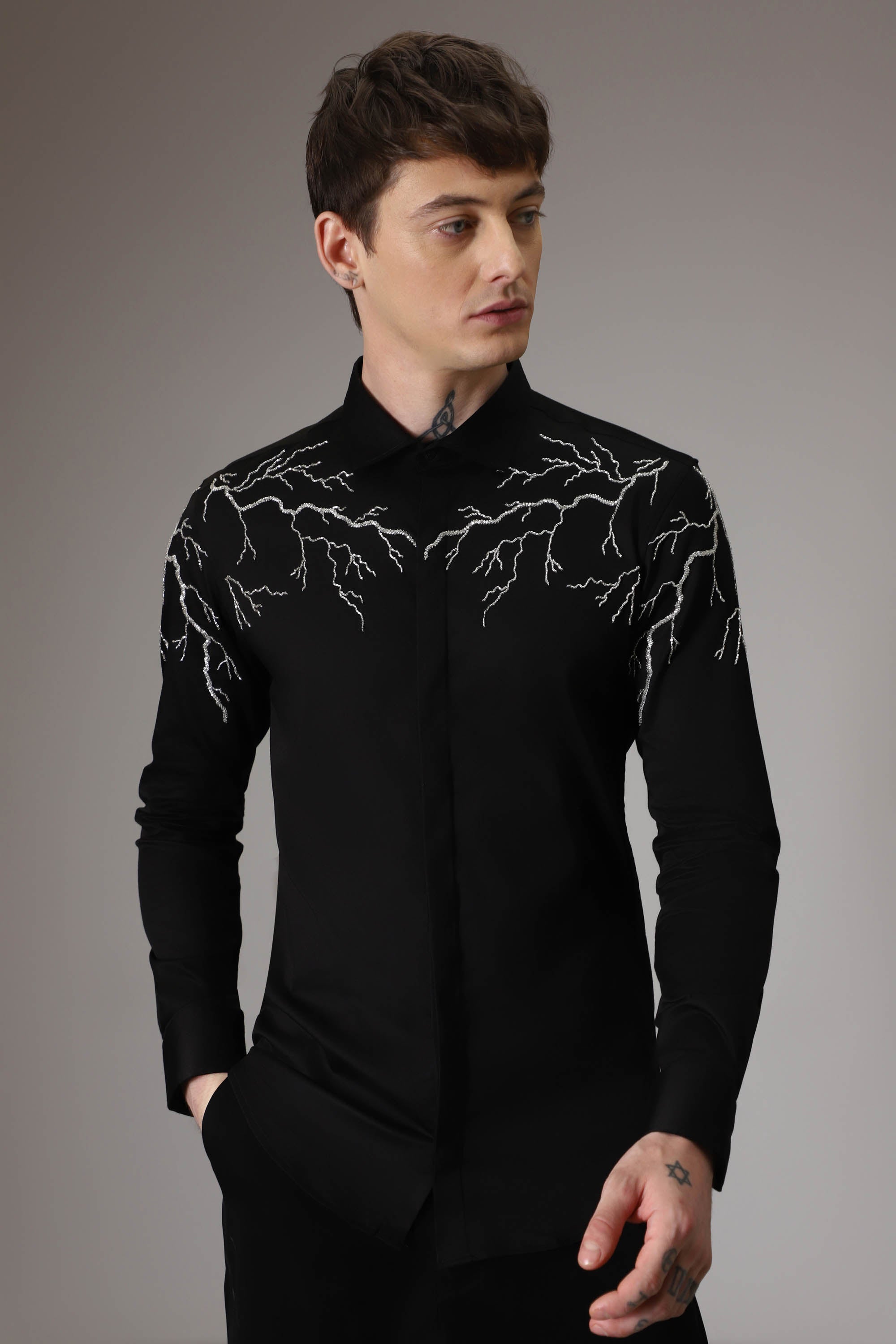 Lightening hand embroidered designer shirt - Black