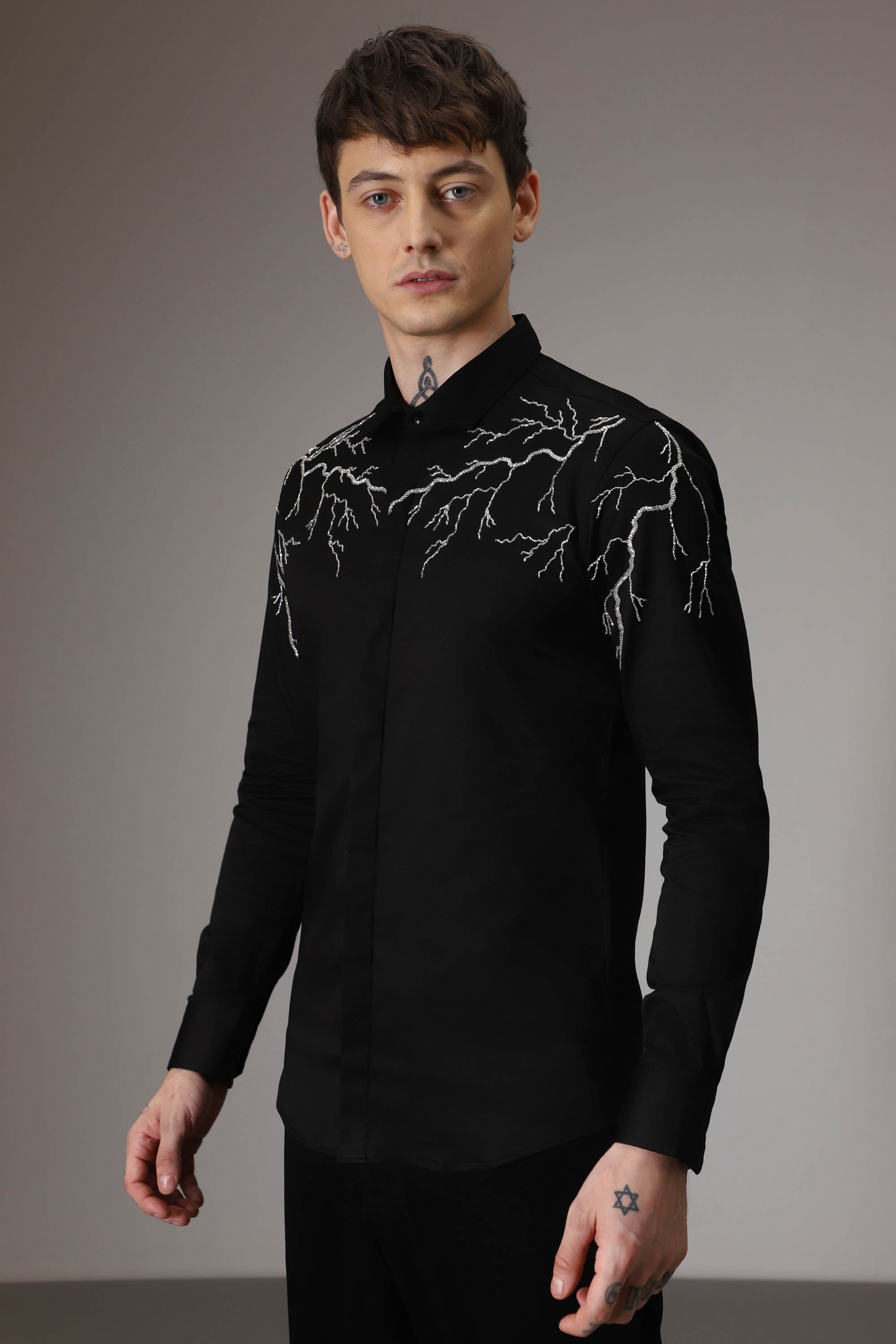 Lightening hand embroidered designer shirt - Black
