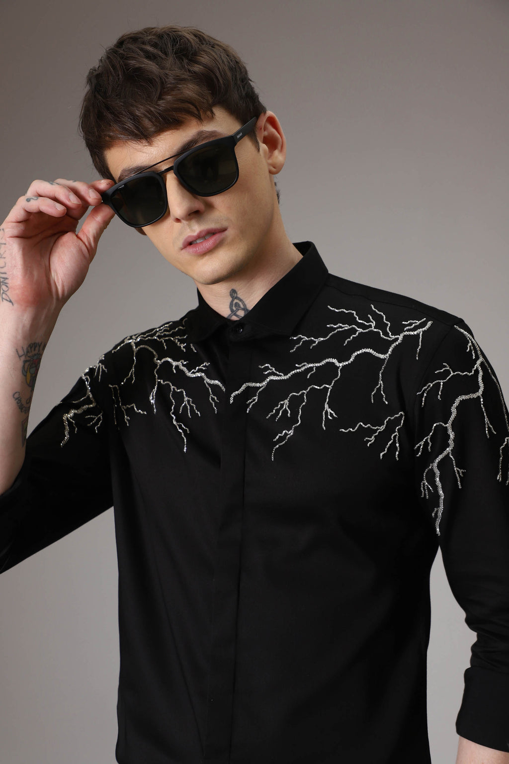 Lightening hand embroidered designer shirt - Black