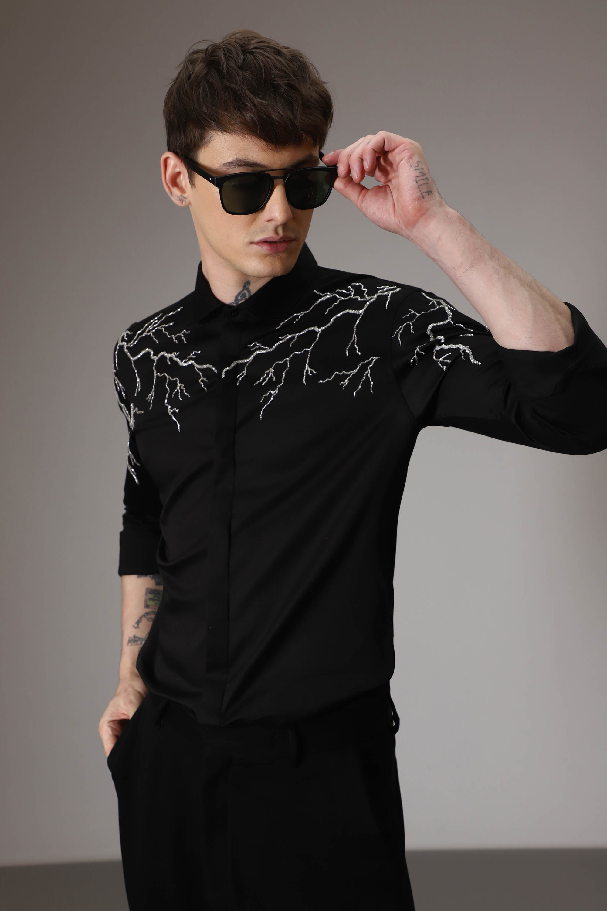 Lightening hand embroidered designer shirt - Black