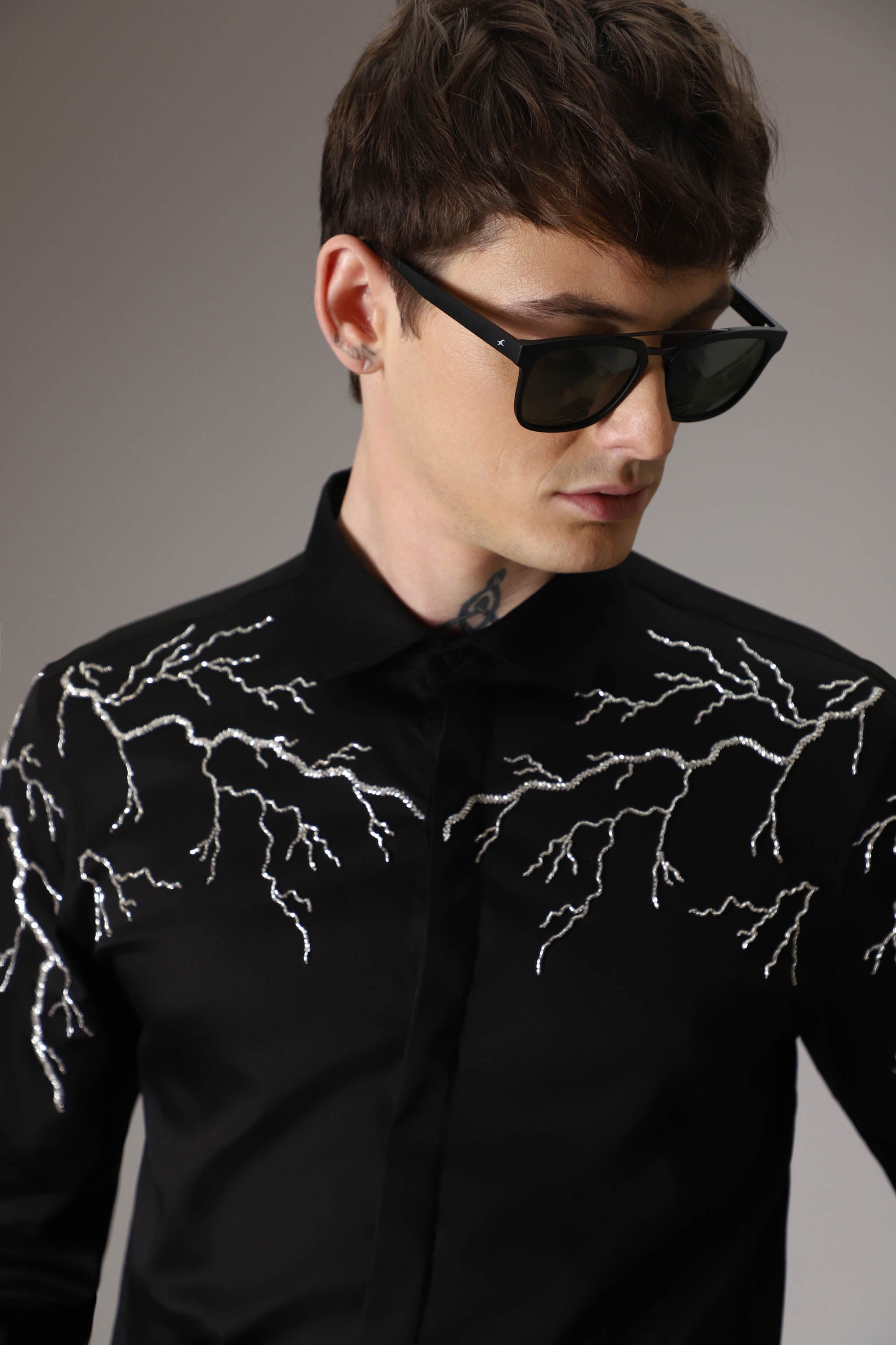 Lightening hand embroidered designer shirt - Black