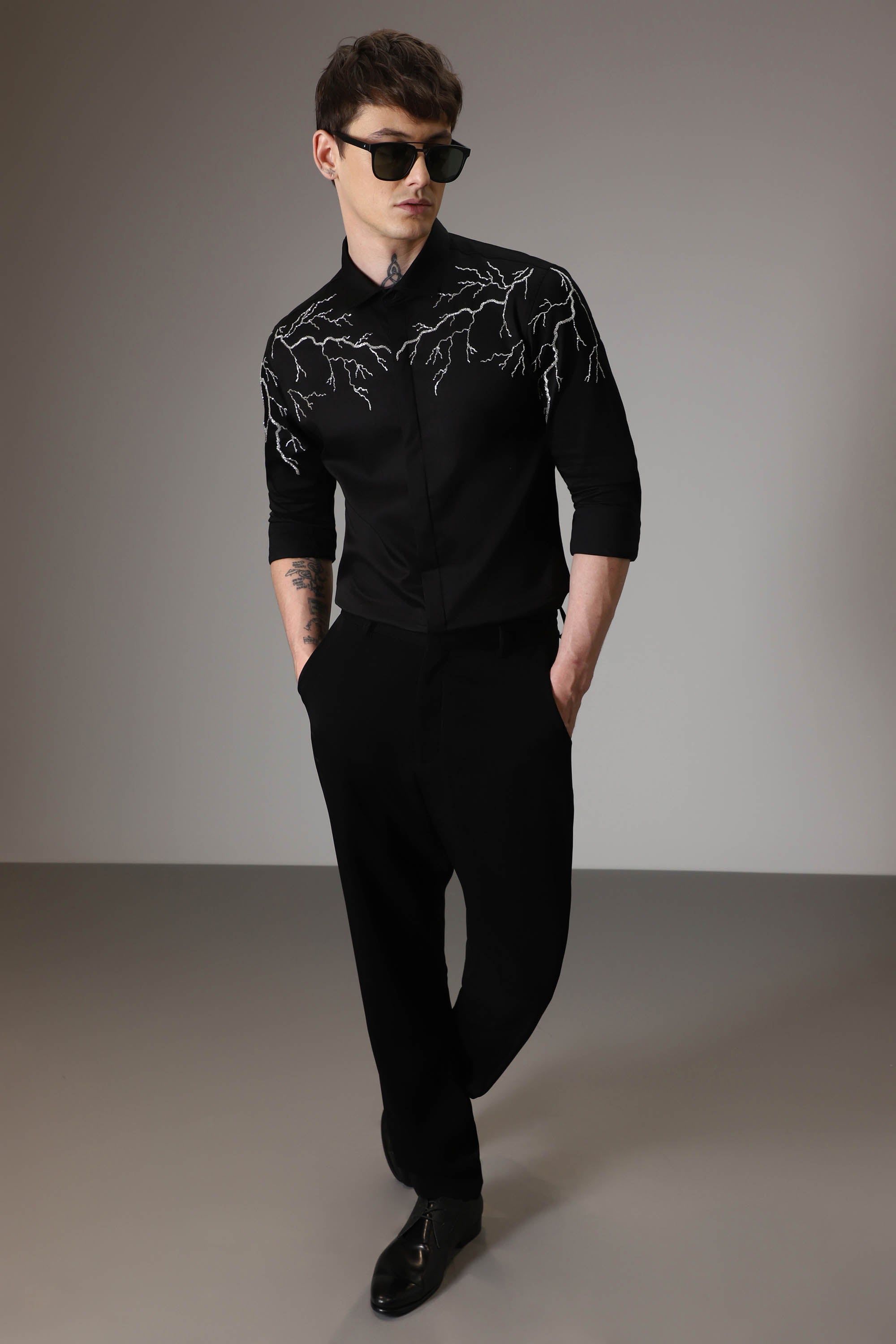 Lightening hand embroidered designer shirt - Black