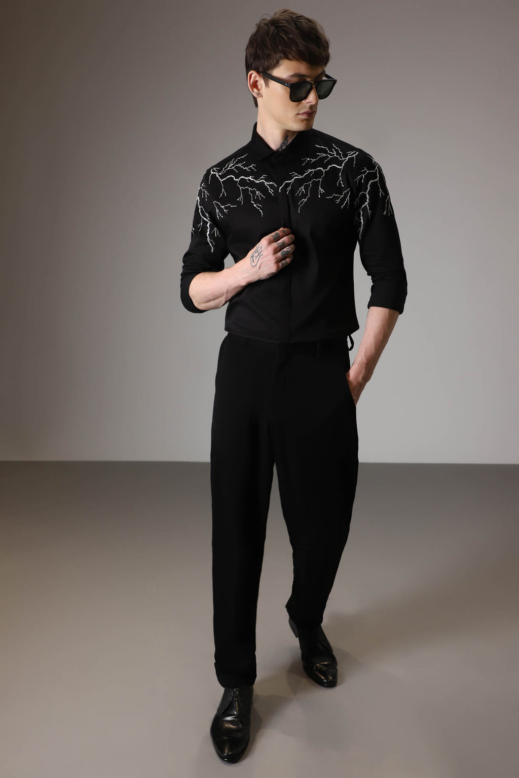 Lightening hand embroidered designer shirt - Black