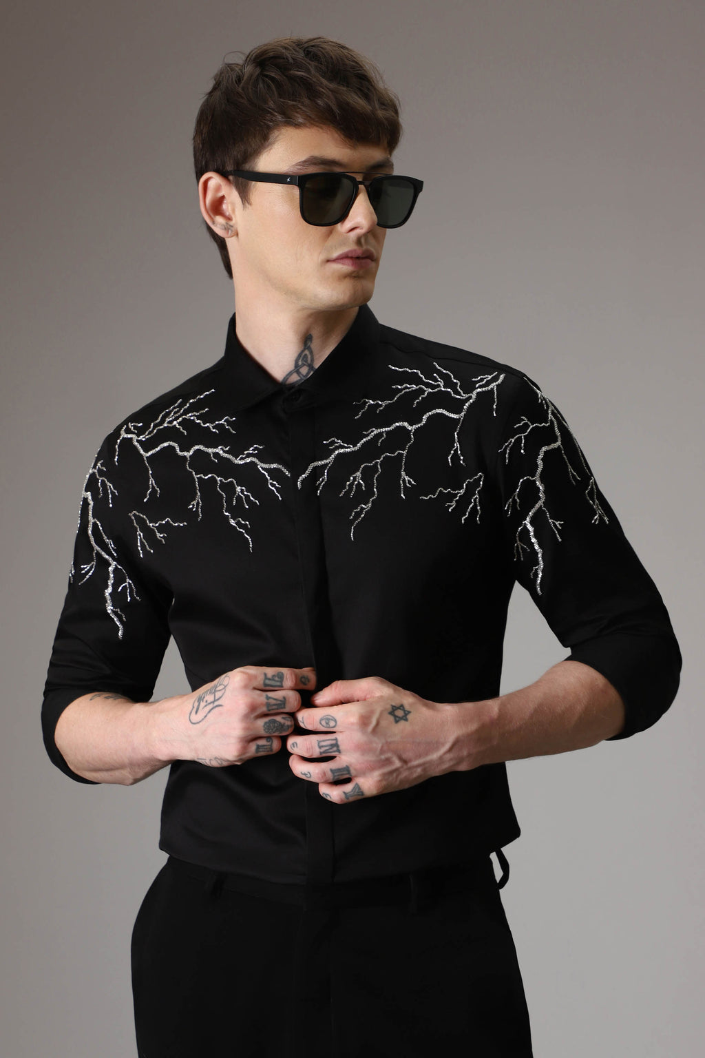 Lightening hand embroidered designer shirt - Black