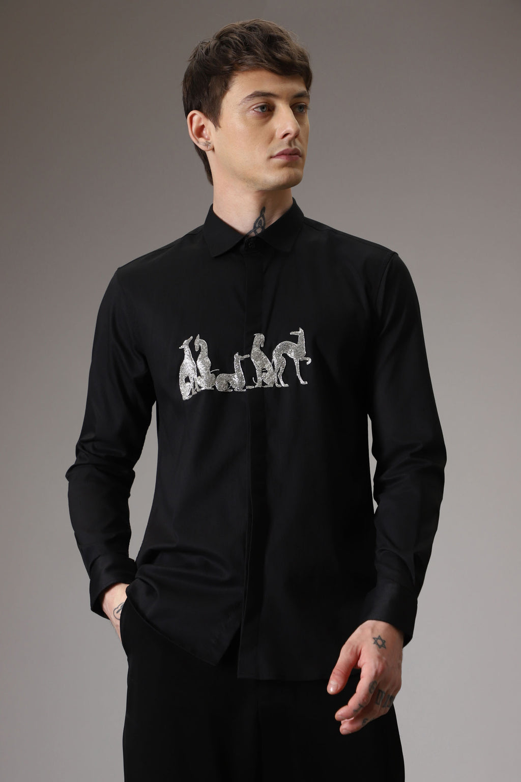 Kangaroo hand embroidered designer shirt - Black