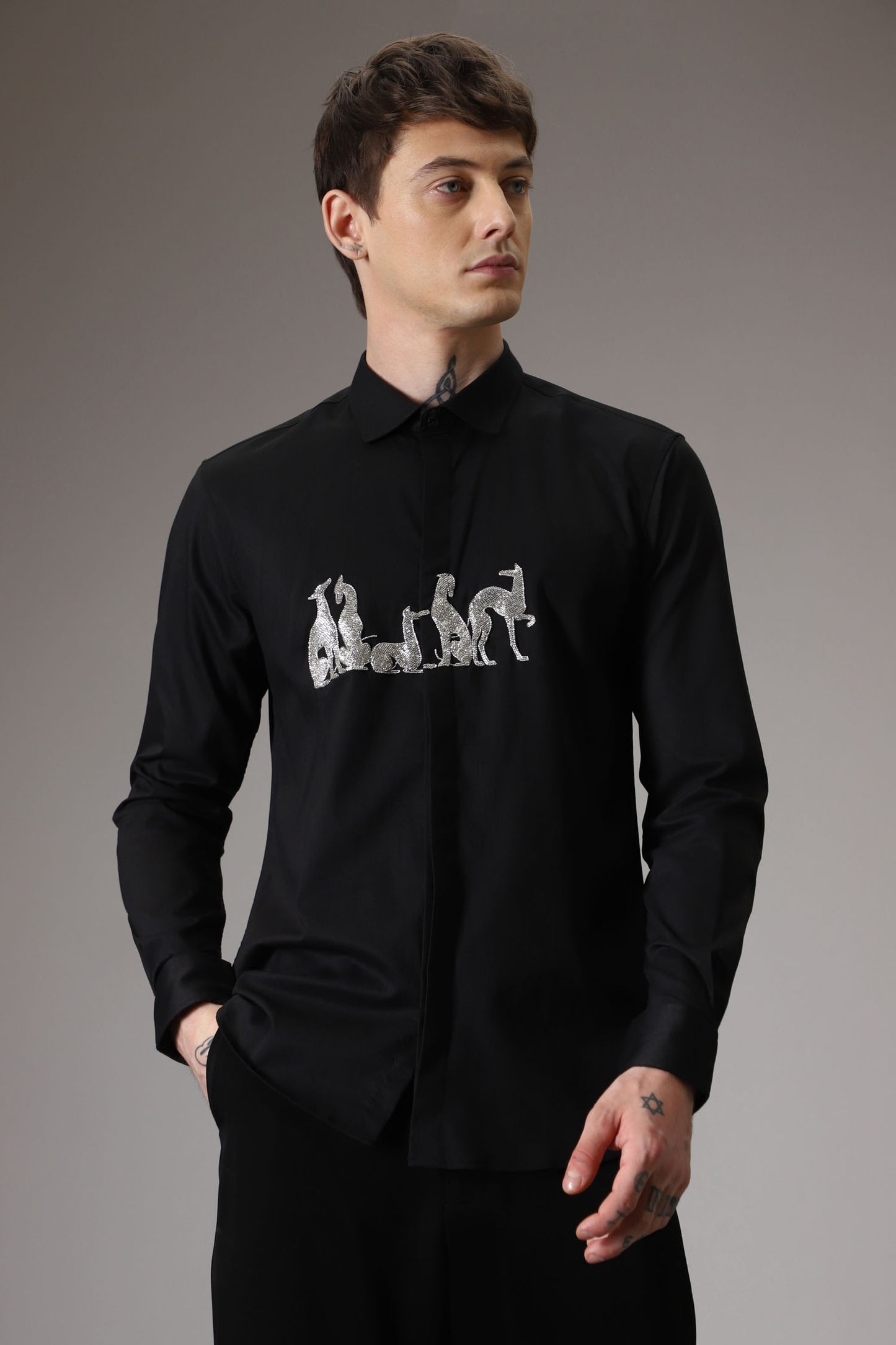 Kangaroo hand embroidered designer shirt -Black
