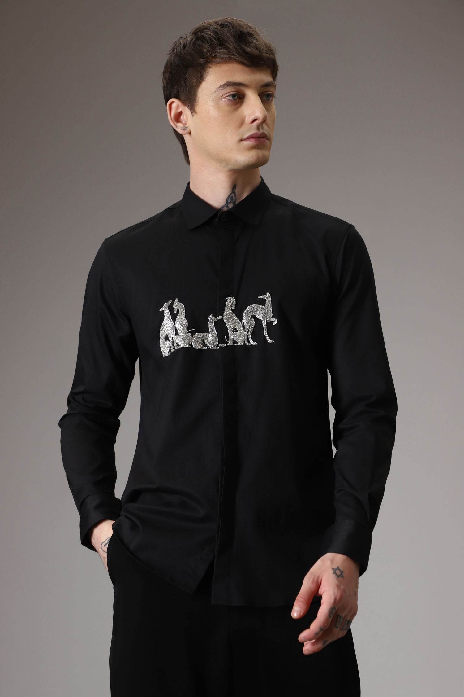 Kangaroo hand embroidered designer shirt - Black