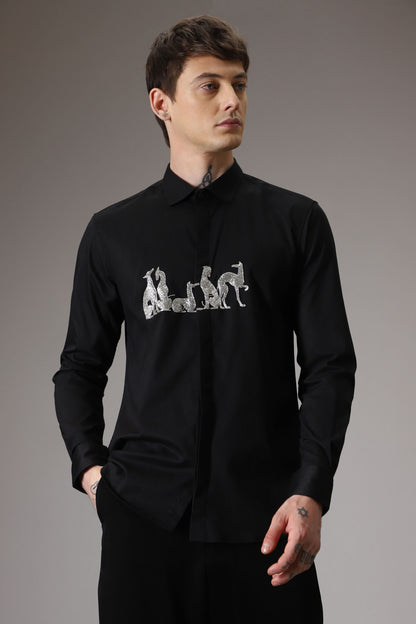 Kangaroo hand embroidered designer shirt -Black