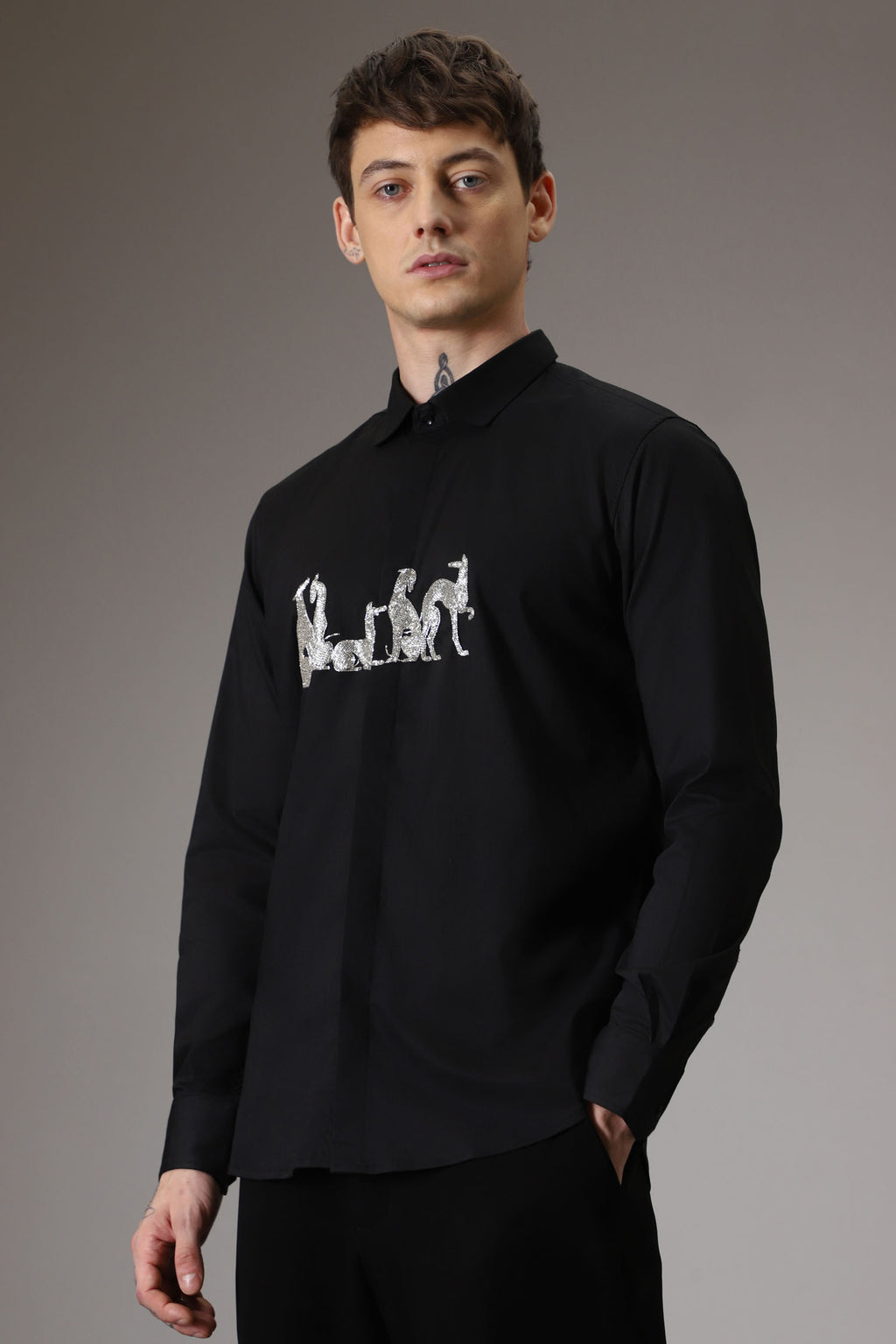 Kangaroo hand embroidered designer shirt - Black