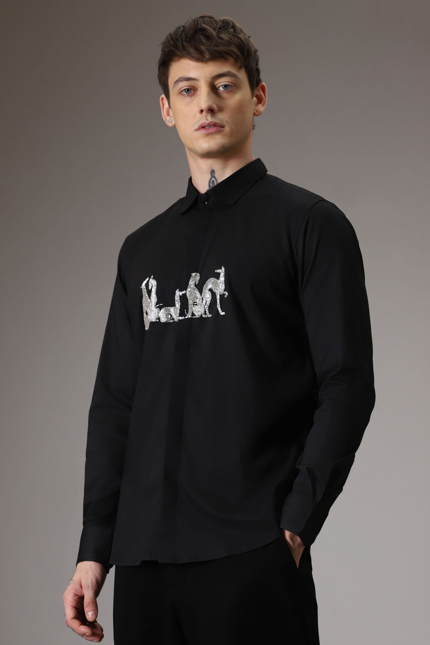 Kangaroo hand embroidered designer shirt - Black