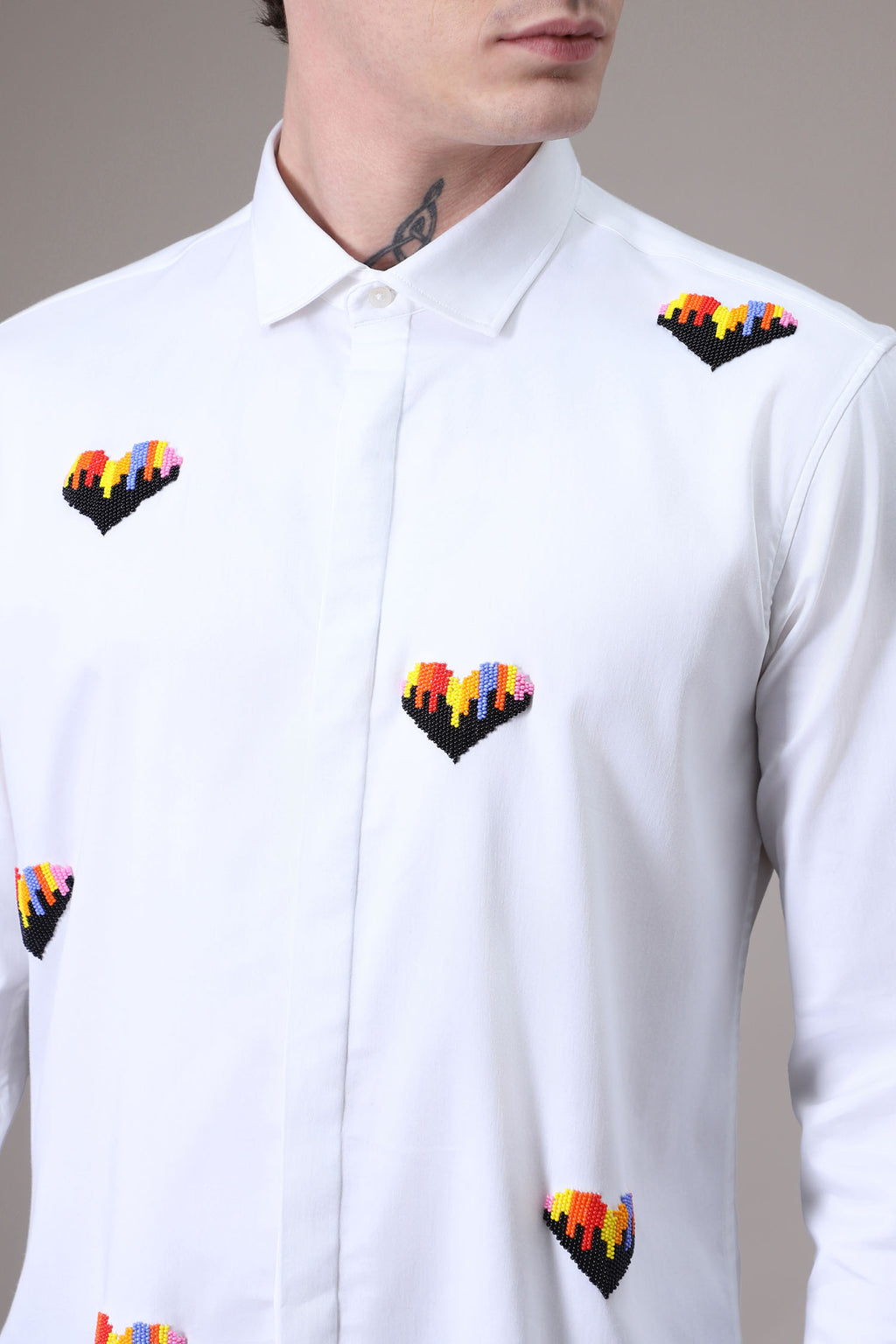 Hearts Hand Embroidered Designer Shirt - White