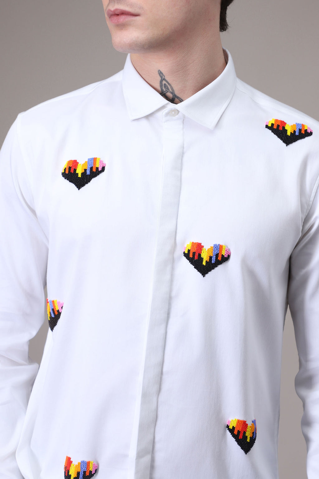 Hearts Hand Embroidered Designer Shirt - White