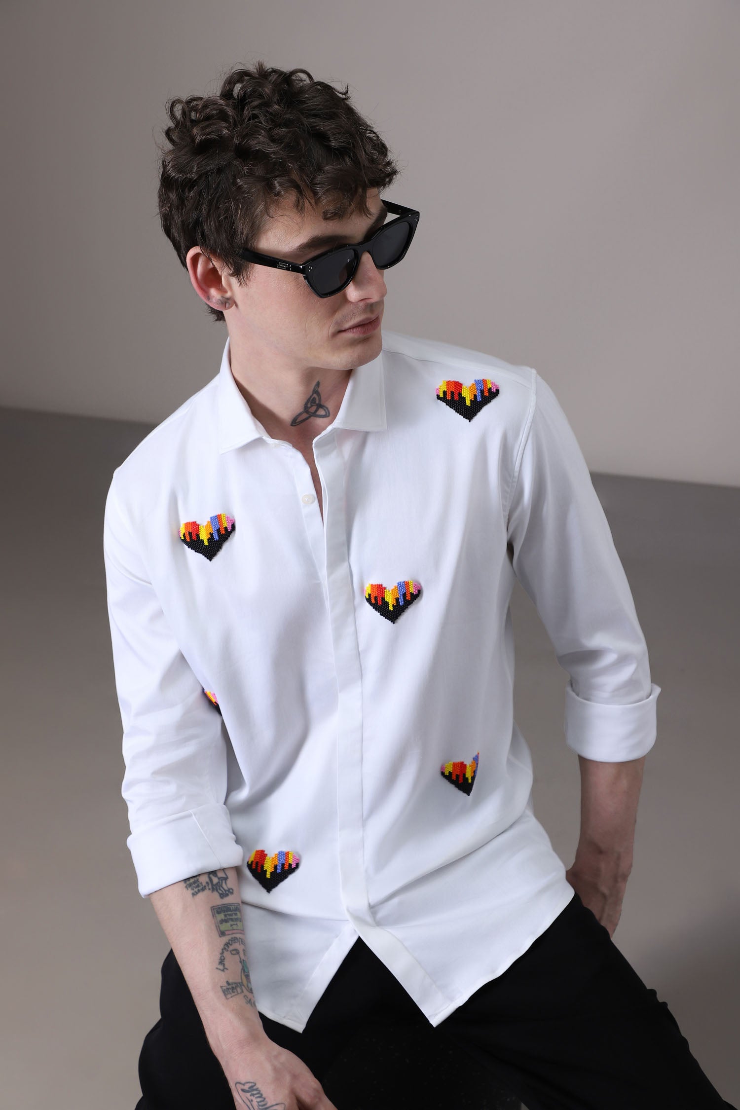Hearts Hand Embroidered Designer Shirt - White