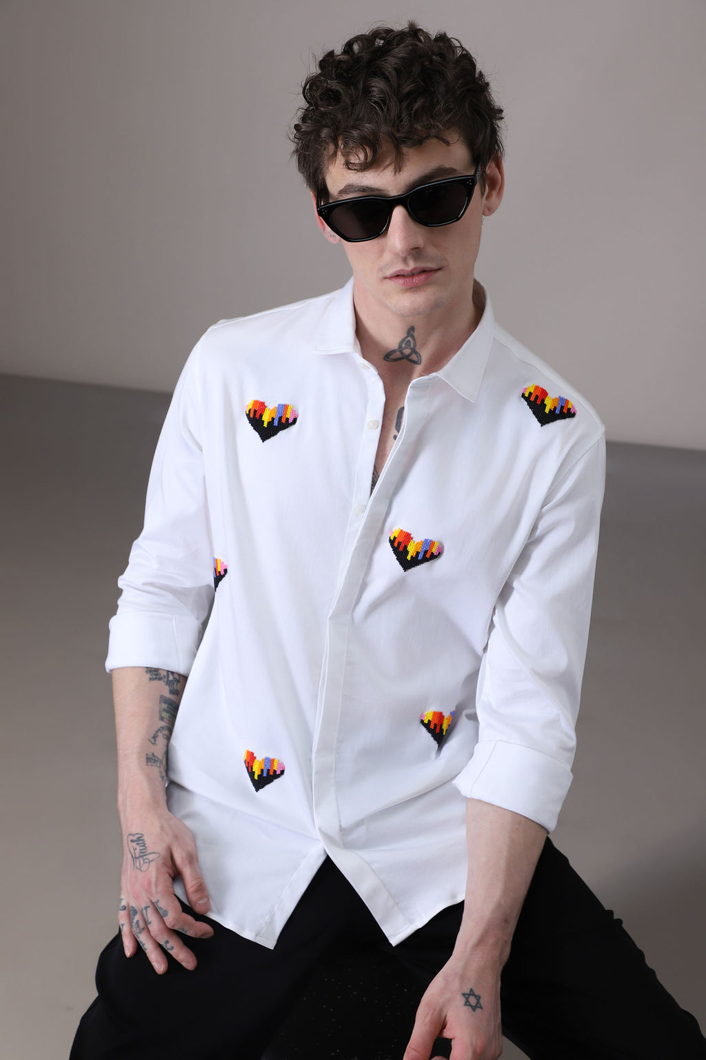 Hearts Hand Embroidered Designer Shirt - White