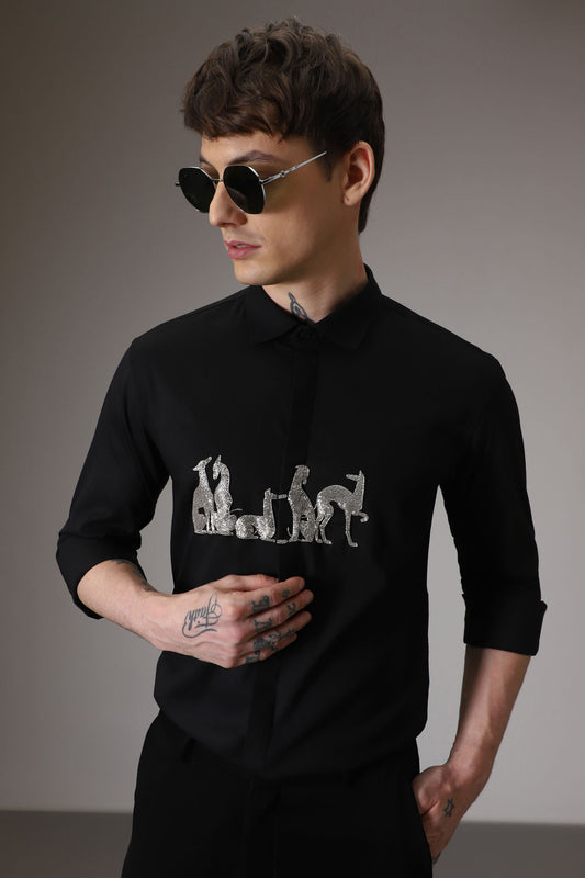 Kangaroo hand embroidered designer shirt -Black