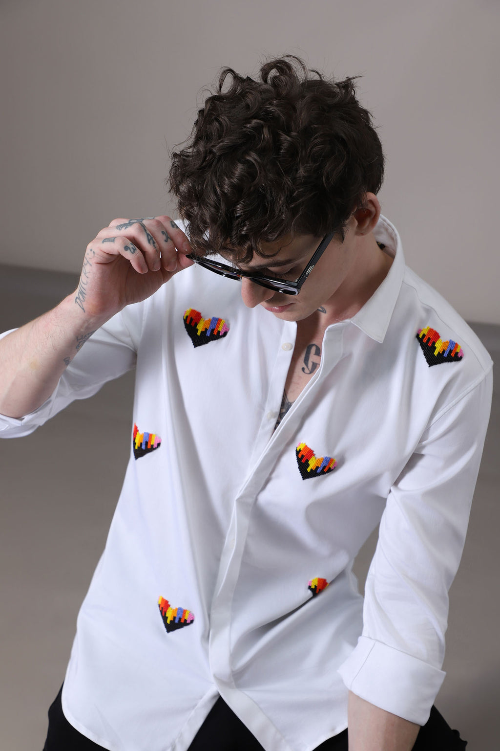 Hearts Hand Embroidered Designer Shirt - White