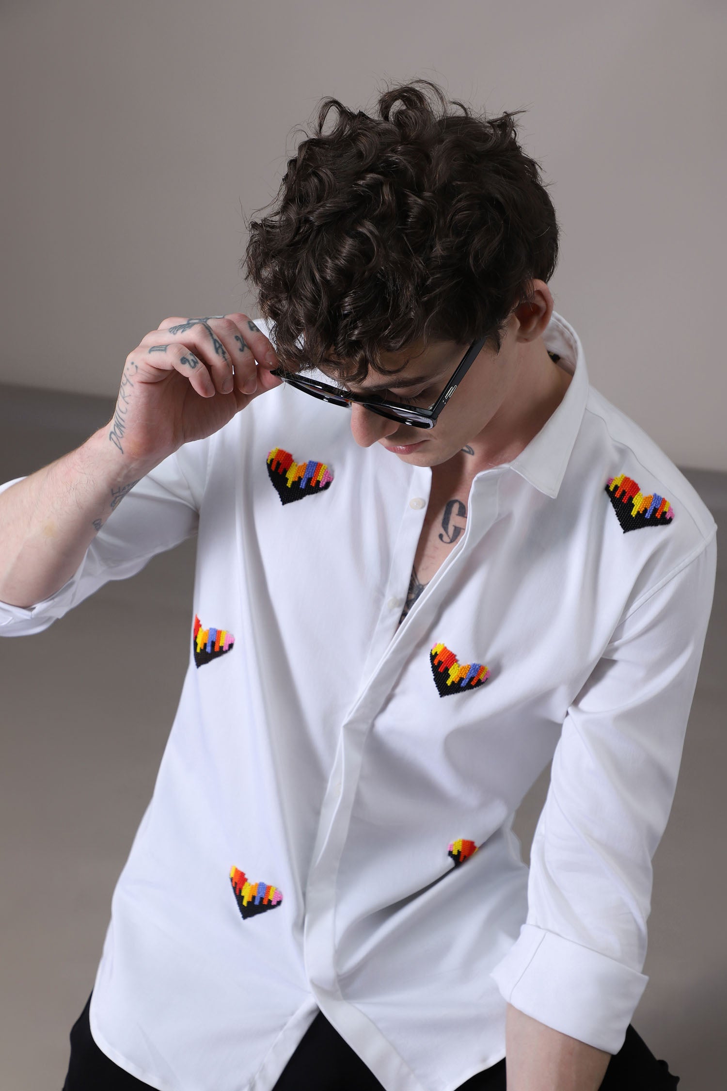 Hearts Hand Embroidered Designer Shirt - White