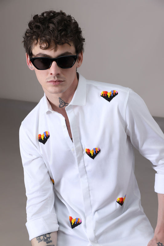 Hearts  hand embroidered designer shirt -White