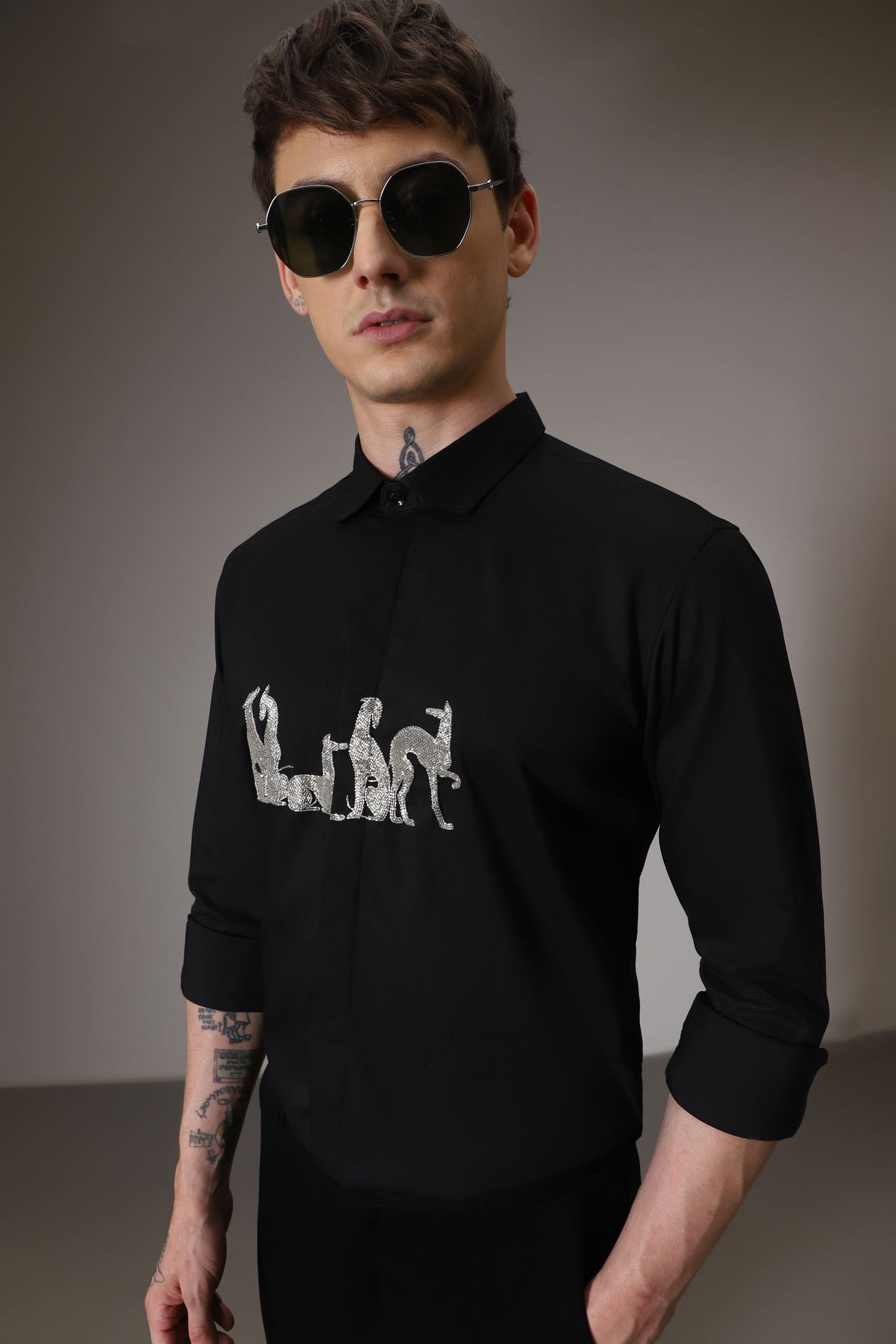 Kangaroo hand embroidered designer shirt -Black