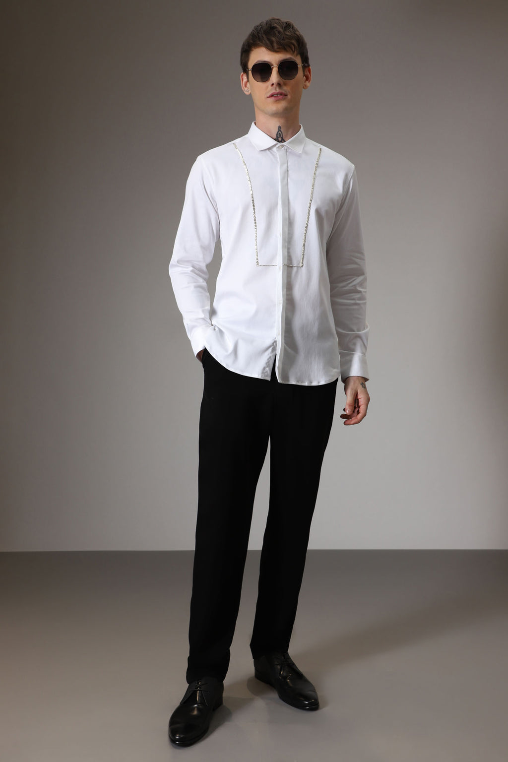 Pintuck hand embroidered designer shirt -White