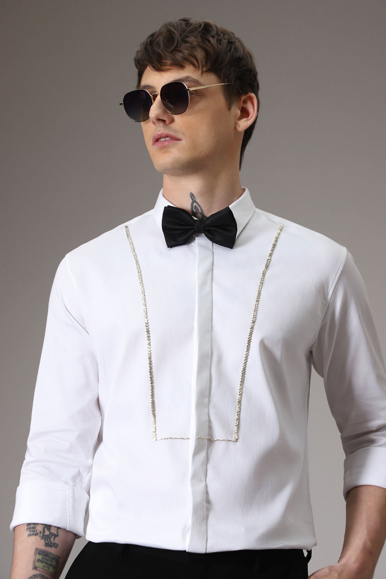 Pintuck hand embroidered designer shirt -White