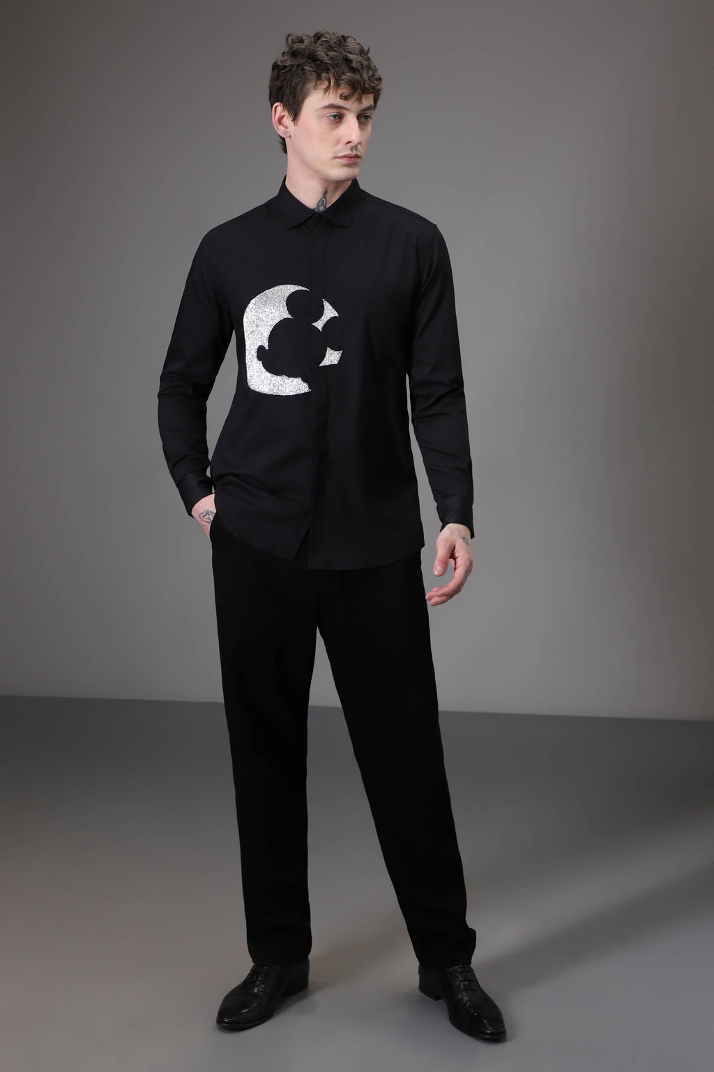 Moon Mickey Hand embroidered designer shirt - Black