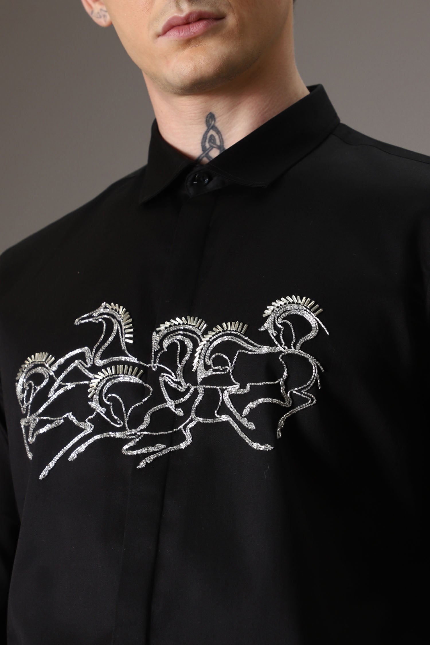 Horses hand embroidered designer shirt - Black