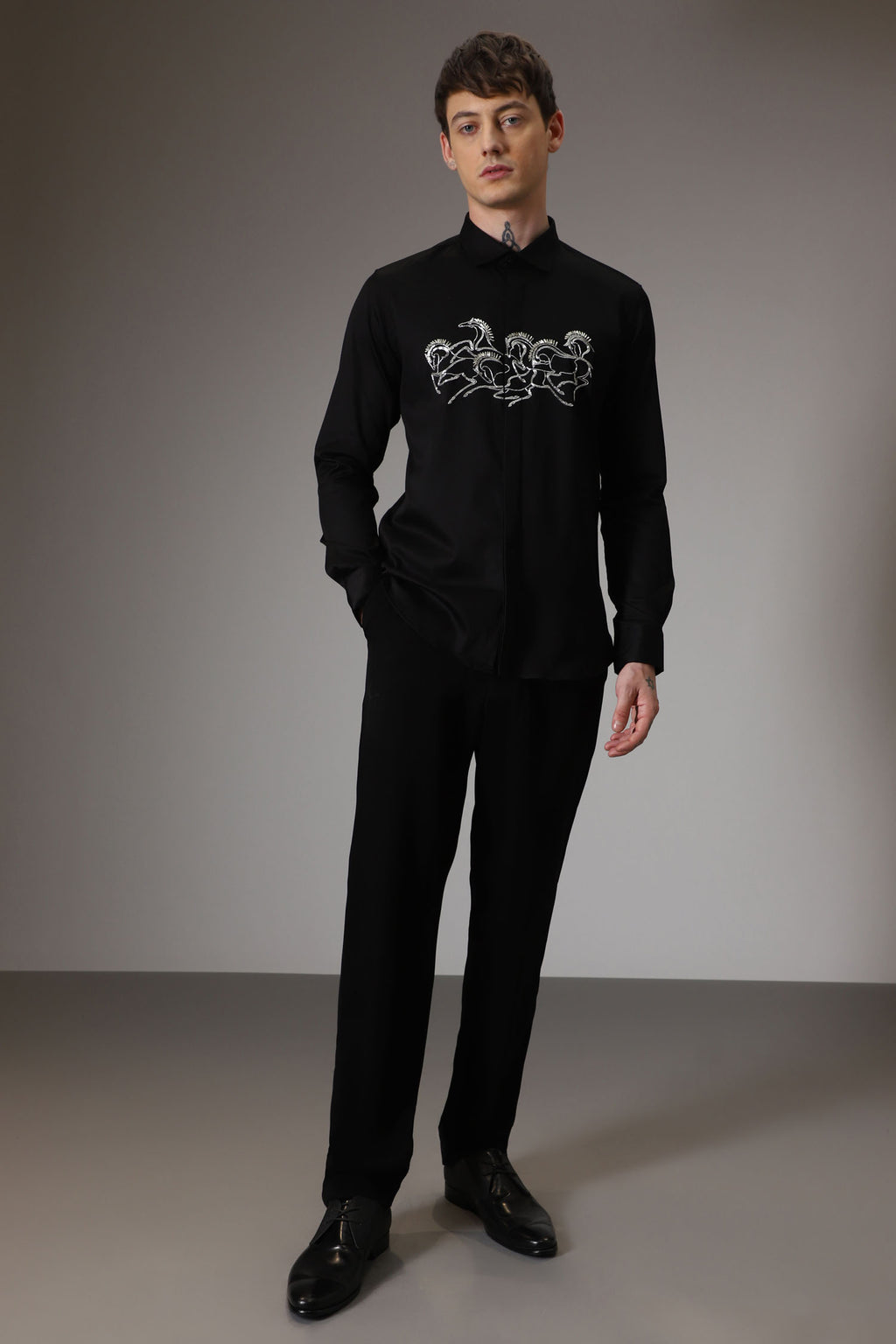 Horses hand embroidered designer shirt - Black