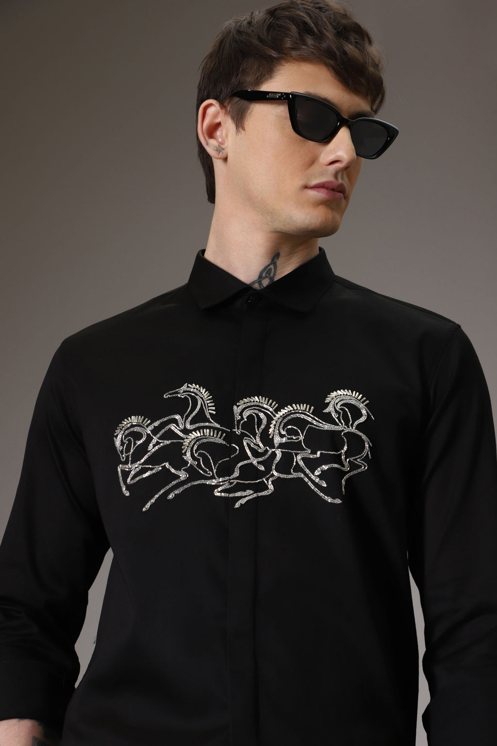 Horses hand embroidered designer shirt - Black