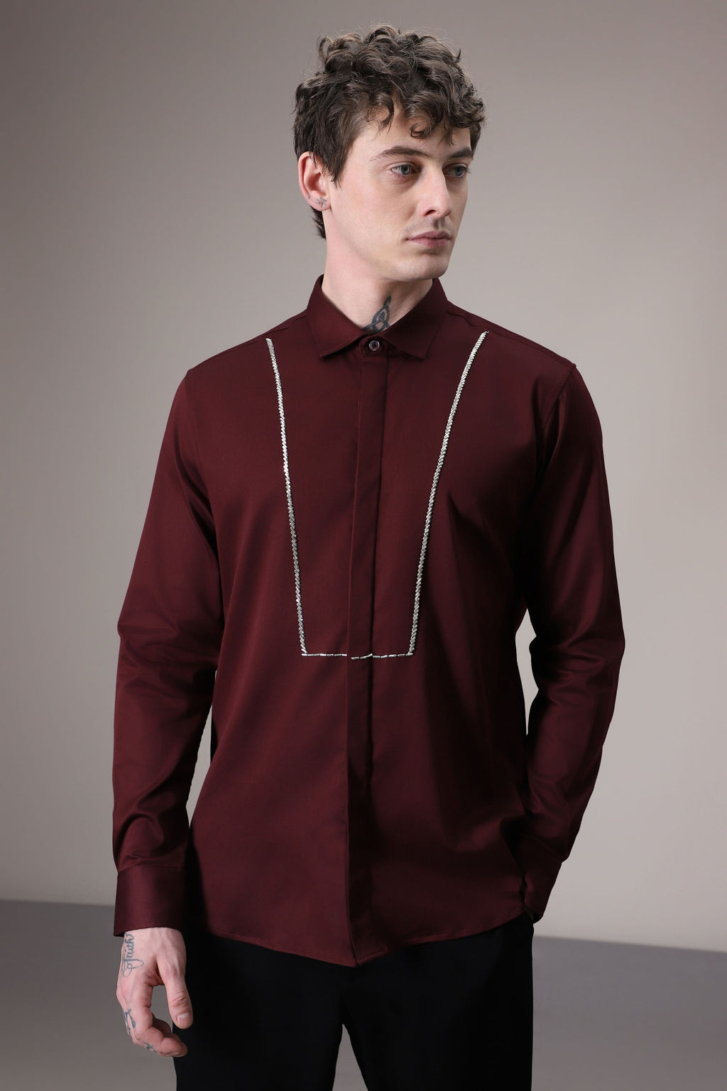 Pintuck hand embroidered designer shirt - Wine