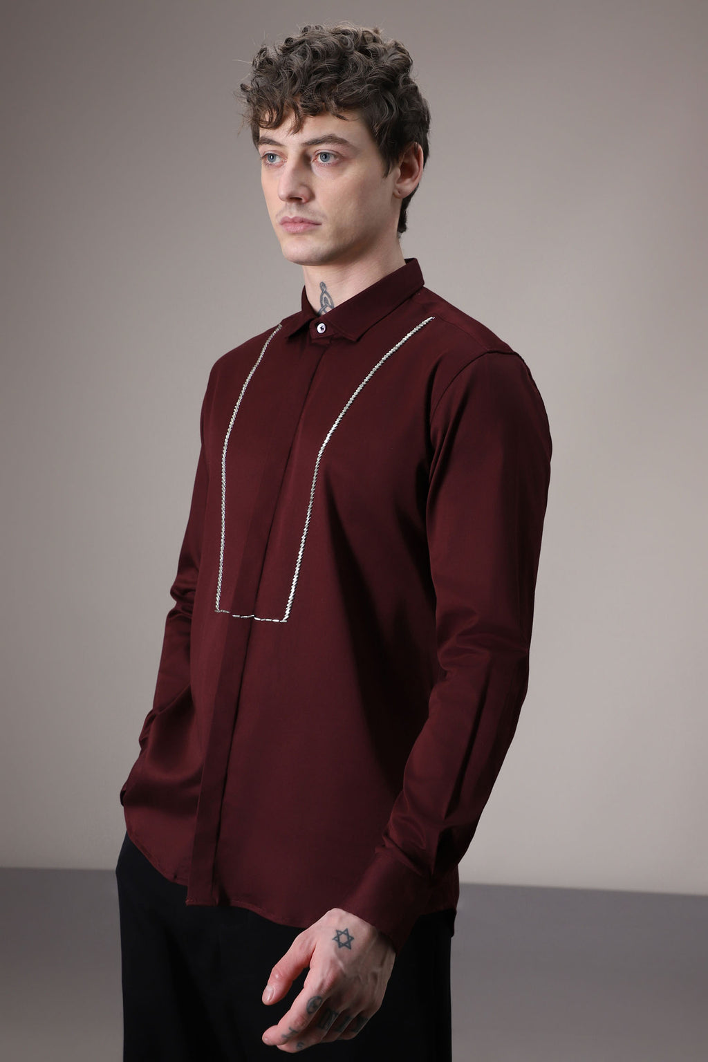 Pintuck hand embroidered designer shirt - Wine