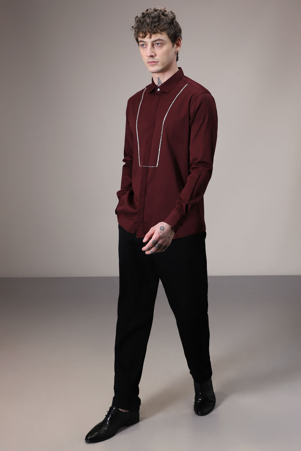 Pintuck hand embroidered designer shirt - Wine