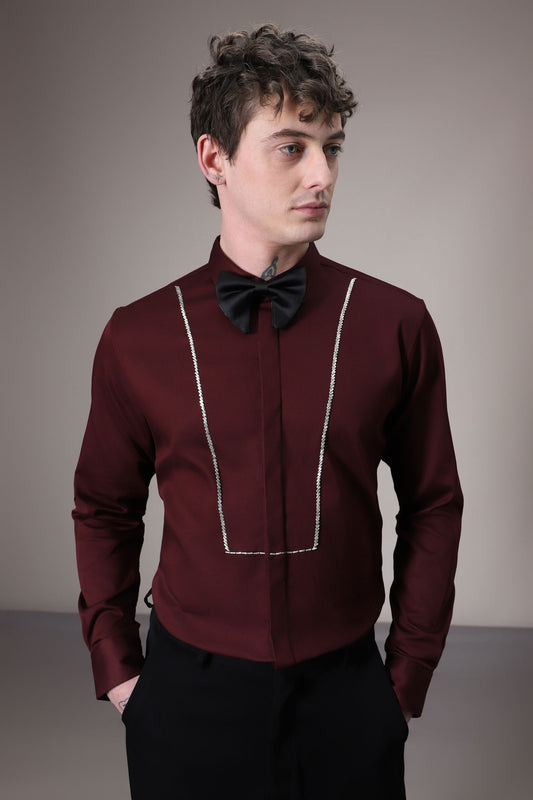 Pintuck hand embroidered designer shirt -Burgundy
