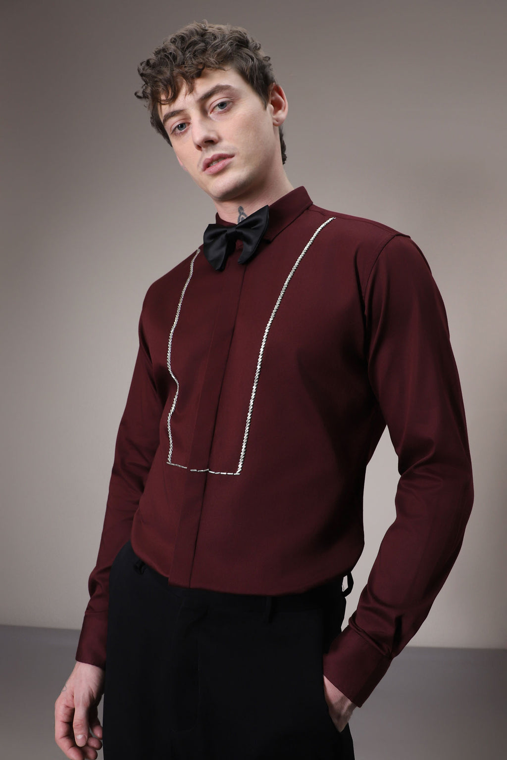 Pintuck hand embroidered designer shirt - Wine