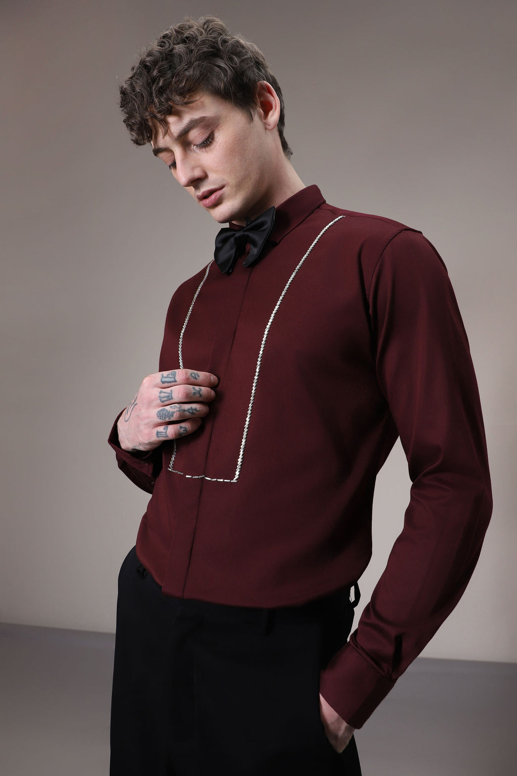 Pintuck hand embroidered designer shirt - Wine