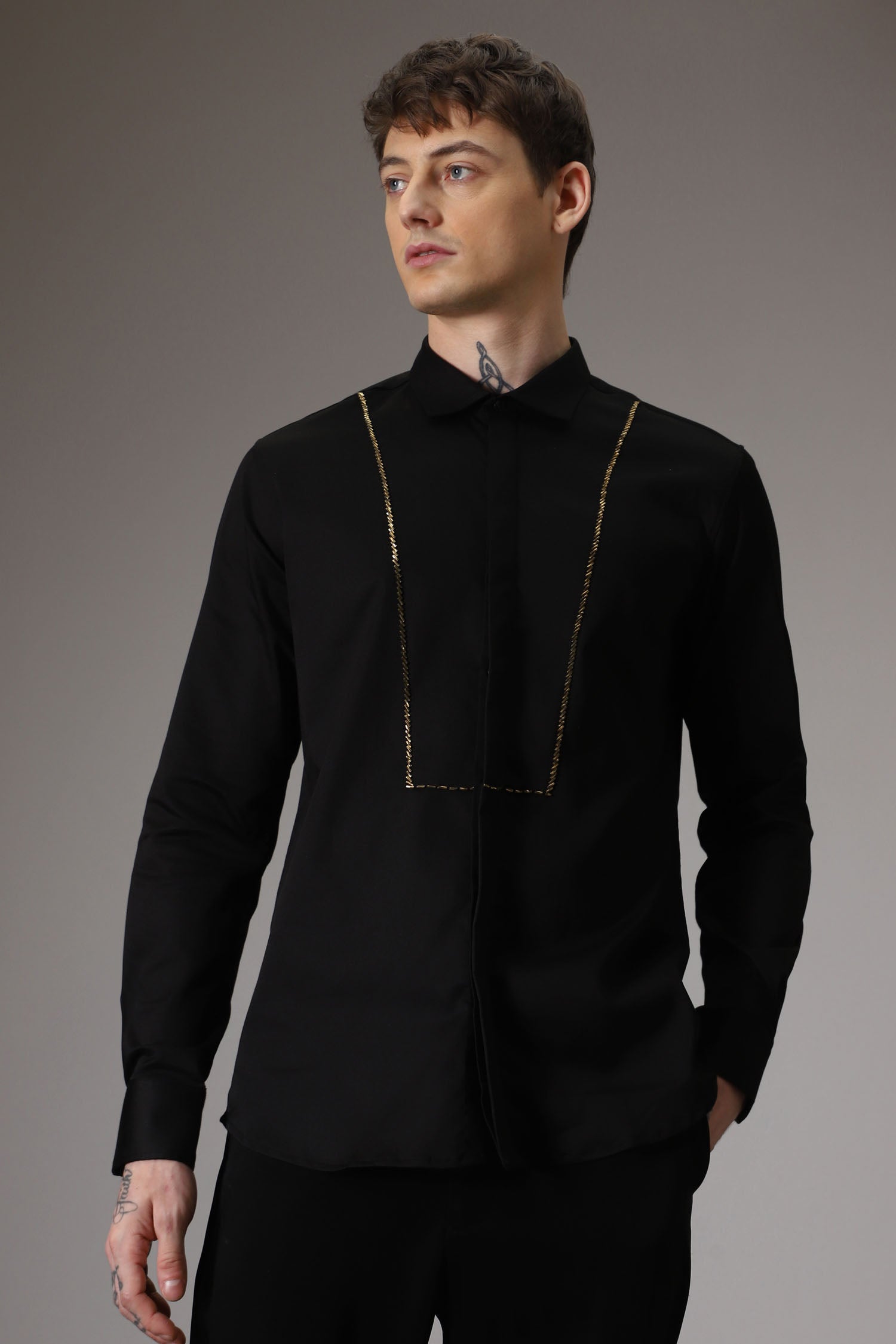 Pintuck hand embroidered designer shirt -Black