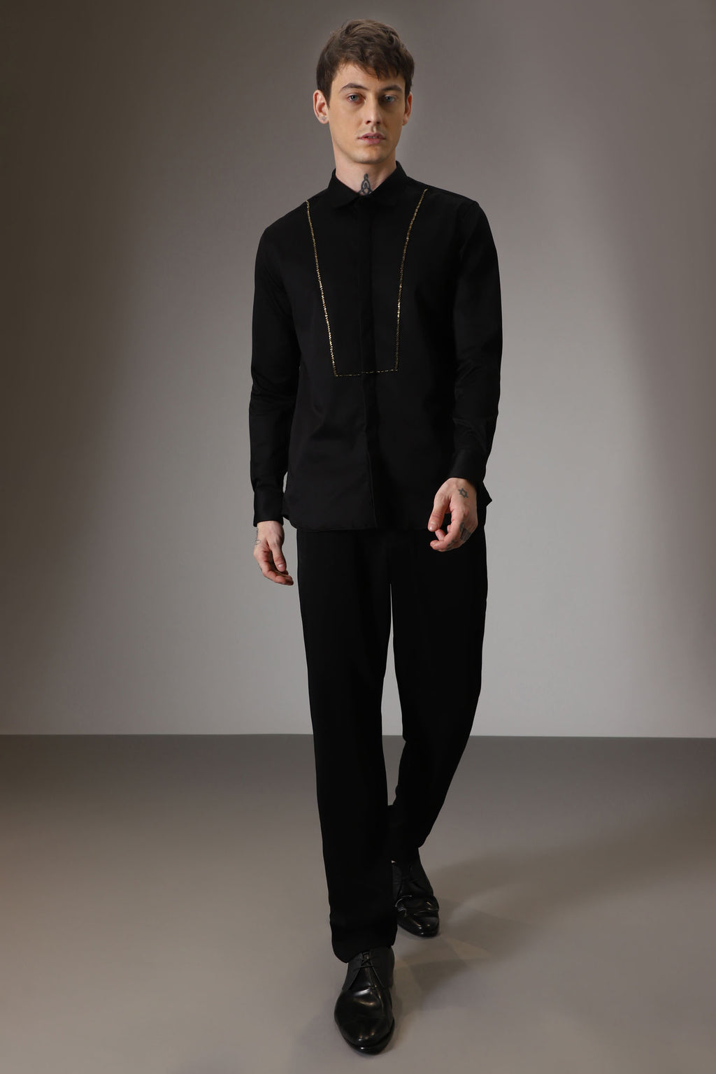 Pintuck hand embroidered designer shirt -Black